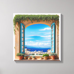 Mediterranean Sea View Window Aegean Island Town Canvas Print