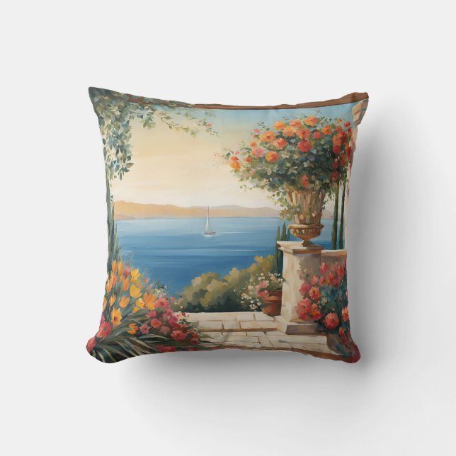Mediterranean Sea View With Flowers Cushion (Front)