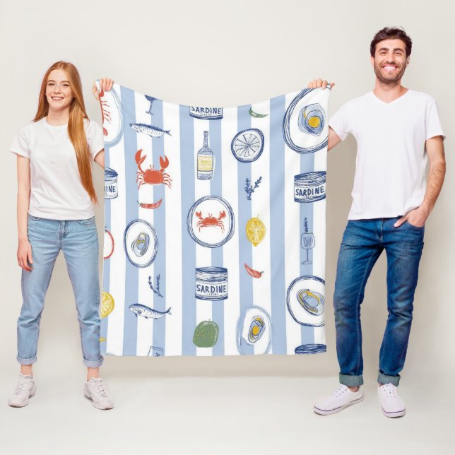 Mediterranean Seafood Sardine Blue Stripe Pattern Fleece Blanket (In Situ)