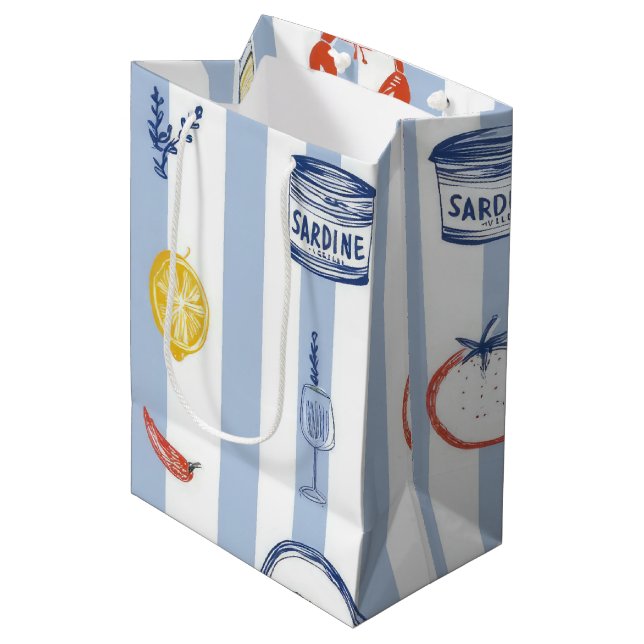Mediterranean Seafood Sardine Blue Stripe Pattern Medium Gift Bag (Front Angled)