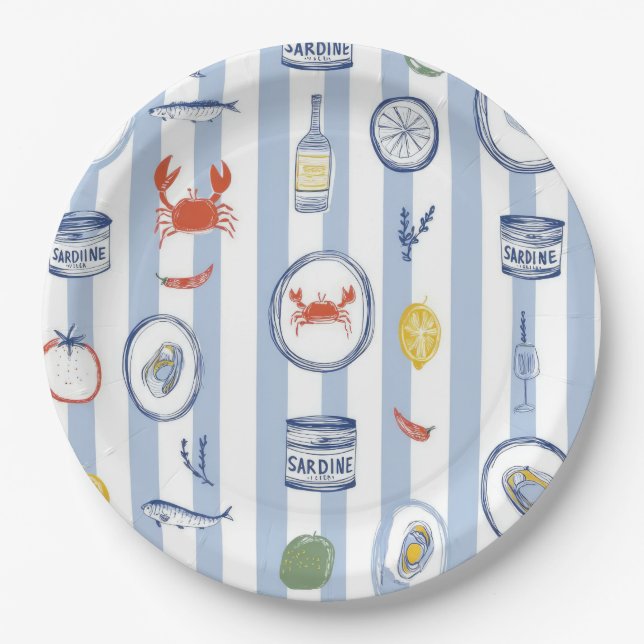 Mediterranean Seafood Sardine Blue Stripe Pattern Paper Plate (Front)