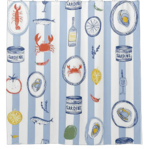 Mediterranean Seafood Sardine Blue Stripe Pattern Shower Curtain