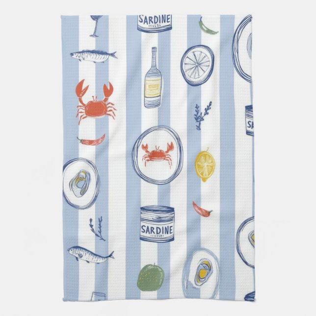Mediterranean Seafood Sardine Blue Stripe Pattern Tea Towel (Vertical)