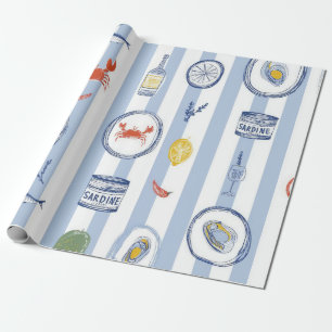 Mediterranean Seafood Sardine Blue Stripe Pattern Wrapping Paper