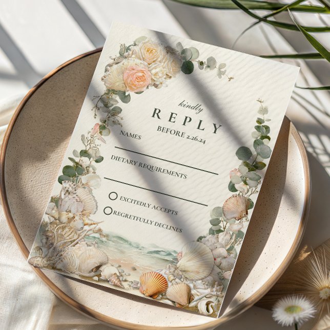 Mediterranean Seashell Botanical Wedding RSVP Card (Creator Uploaded)