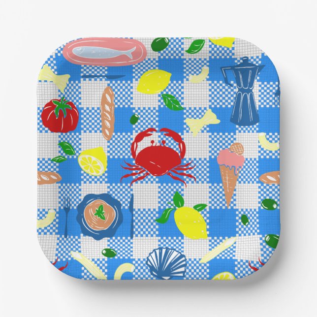 mediterranean seaside picnic seafood crab gingham paper plate (Front)