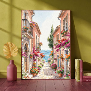 Mediterranean Seaside Village Alleyway Watercolor Poster