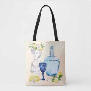 Mediterranean set  lemons and blue glass tote bag