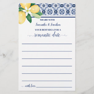 Mediterranean Share a Date Idea Shower Game Card