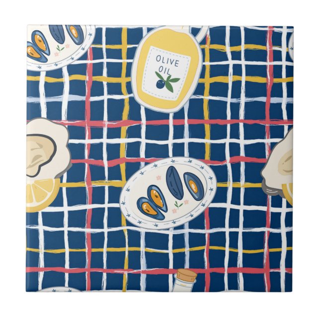 Mediterranean Shellfish and Olive Oil Pattern Tile (Front)