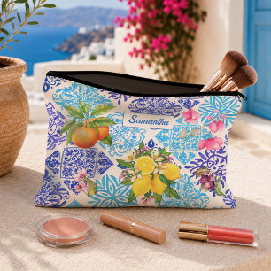 Mediterranean Sicilian Azulejo Citrus Floral Tiles Accessory Pouch