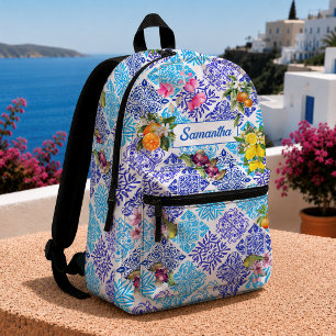 Mediterranean Sicilian Azulejo Floral Citrus Tiles Printed Backpack