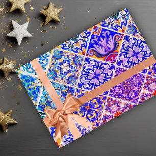 Mediterranean Sicilian Purple Blue Tiles Pattern Wrapping Paper