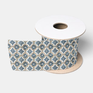 Mediterranean Spanish Tile Pattern Gold Blue Satin Ribbon