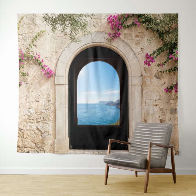 Mediterranean Stone Arch Ocean Wedding Backdrop Tapestry (In Situ (Horizontal))