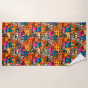 Mediterranean Streets — Colorful Houses Pattern Beach Towel