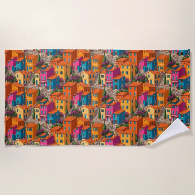 Mediterranean Streets — Colorful Houses Pattern Beach Towel (Front)