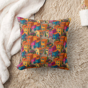 Mediterranean Streets — Colorful Houses Pattern Cushion