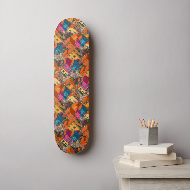 Mediterranean Streets — Colorful Houses Pattern Skateboard (Wall Art)