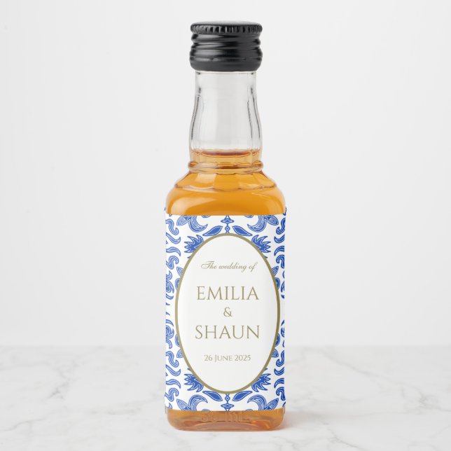 Mediterranean-style Blue and White Pattern Liquor Bottle Label (Front)
