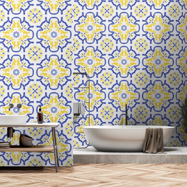 Mediterranean style blue and yellow  wallpaper (Bathroom)