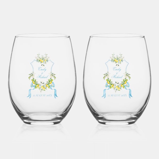 Mediterranean Style Crest Stemless Wine Glass (Front)