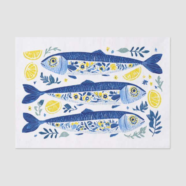 Mediterranean Summer Blue and Yellow Sardines Tissue Paper (Front)