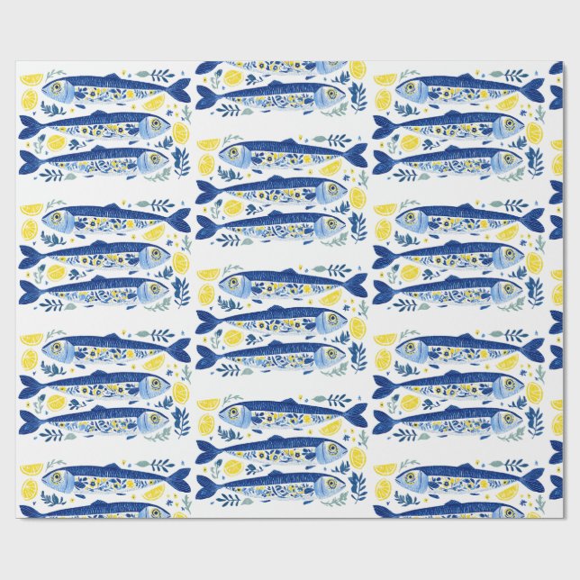 Mediterranean Summer Blue and Yellow Sardines Wrapping Paper (Flat)
