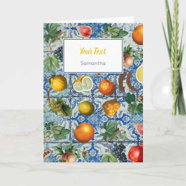 Mediterranean Summer Fruit Blue Mosaic Card (Front)