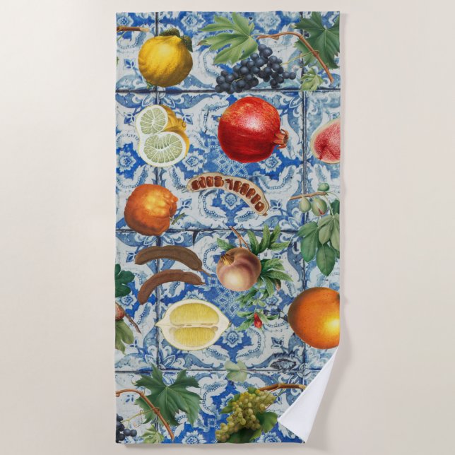 Mediterranean Summer Fruit & Blue White Mosaic Beach Towel (Front)