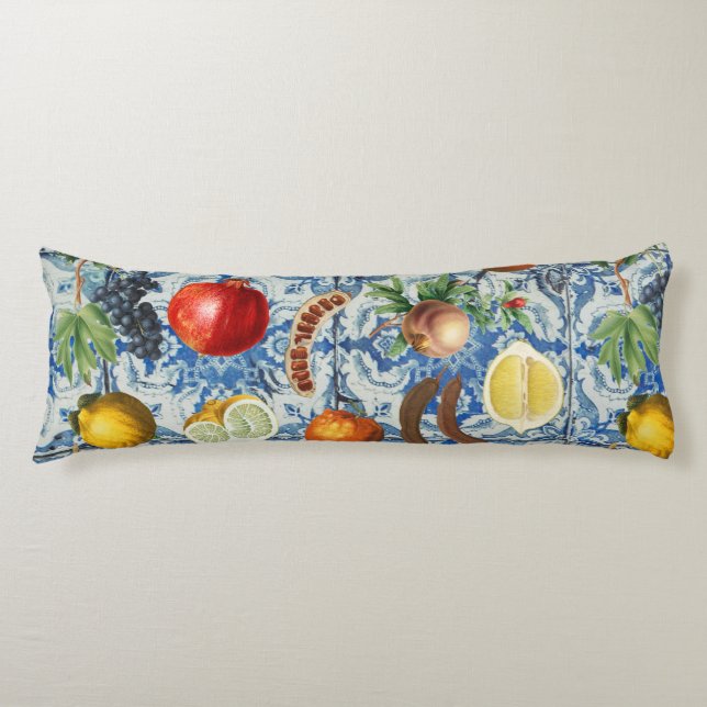 Mediterranean Summer Fruit & Blue White Mosaic  Body Cushion (Front)