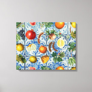 Mediterranean Summer Fruit & Blue White Mosaic Canvas Print
