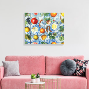 Mediterranean Summer Fruit & Blue White Mosaic Canvas Print