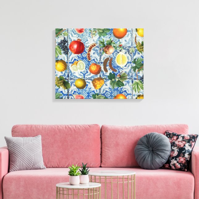 Mediterranean Summer Fruit & Blue White Mosaic Canvas Print (Insitu(LivingRoom))