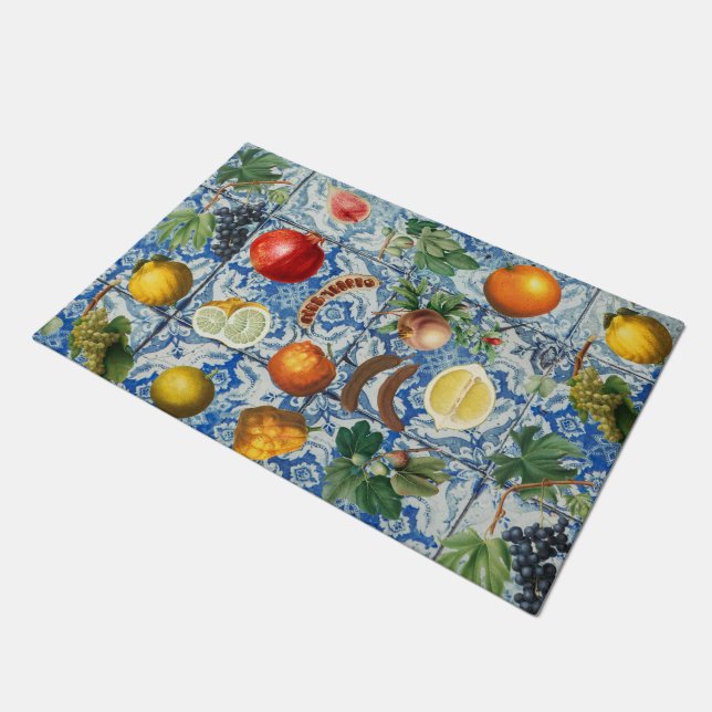 Mediterranean Summer Fruit & Blue White Mosaic Doormat (Angled)