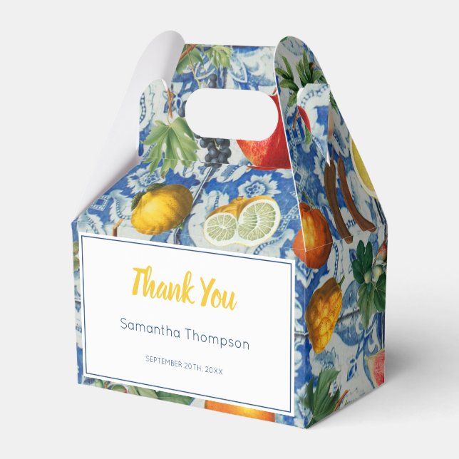 Mediterranean Summer Fruit & Blue White Mosaic Fav Favour Box (Front Side)