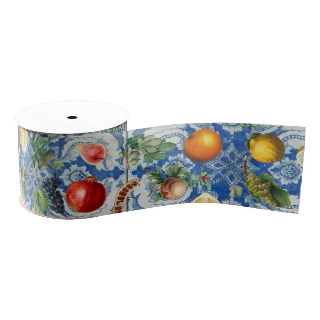 Mediterranean Summer Fruit & Blue White Mosaic Grosgrain Ribbon (Spool)