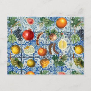 Mediterranean Summer Fruit & Blue White Mosaic Holiday Postcard