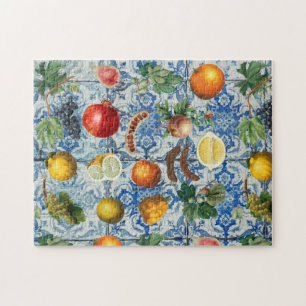 Mediterranean Summer Fruit & Blue White Mosaic  Jigsaw Puzzle