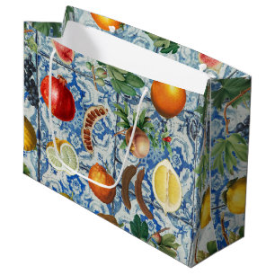 Mediterranean Summer Fruit & Blue White Mosaic Large Gift Bag