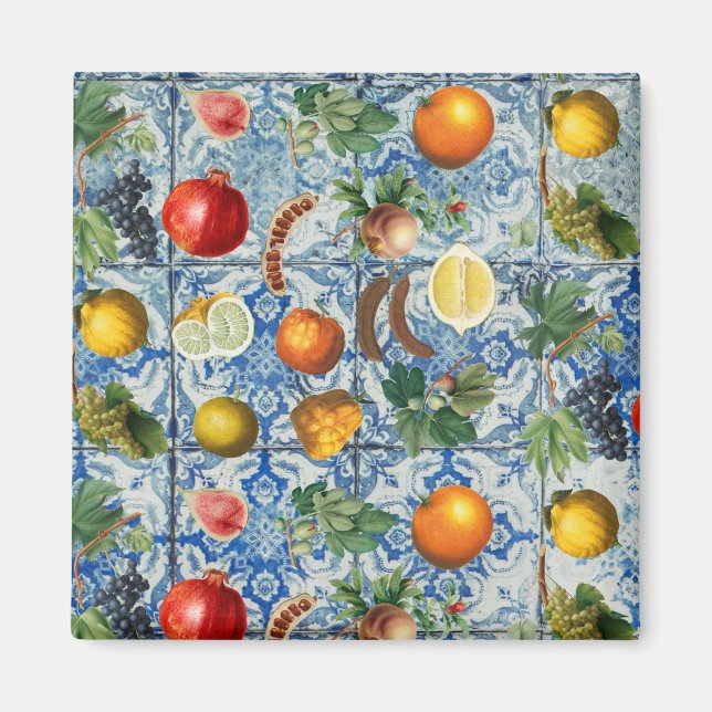 Mediterranean Summer Fruit & Blue White Mosaic Magnet (Front)