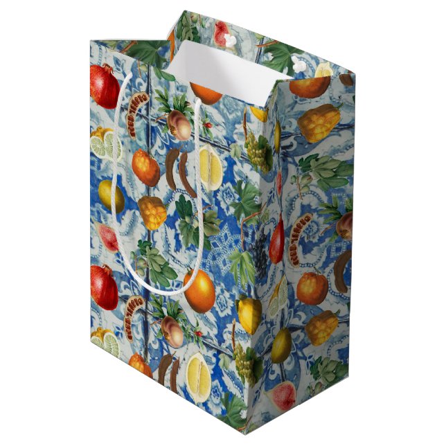 Mediterranean Summer Fruit & Blue White Mosaic Medium Gift Bag (Back Angled)