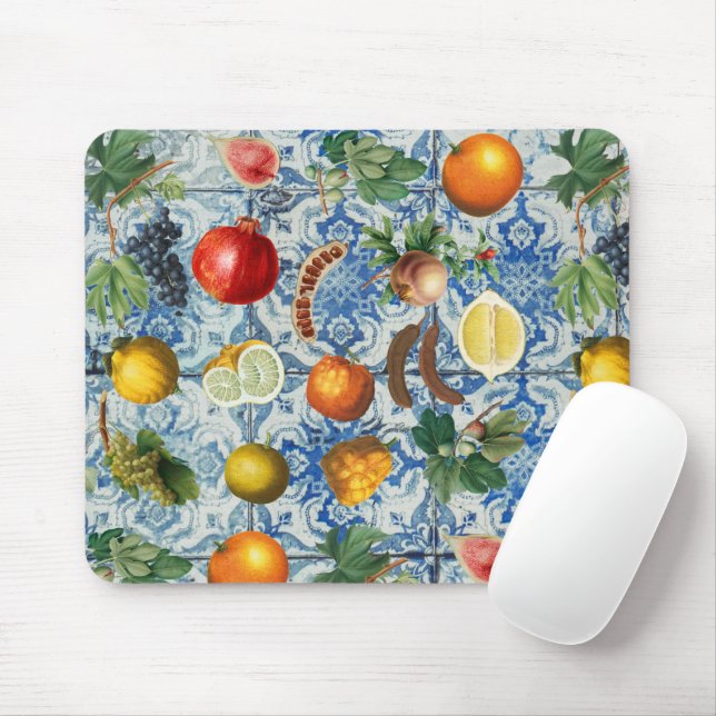 Mediterranean Summer Fruit & Blue White Mosaic Mouse Mat (With Mouse)