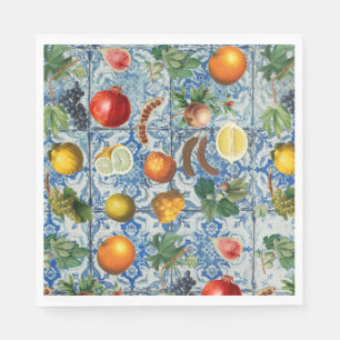 Mediterranean Summer Fruit & Blue White Mosaic Napkin