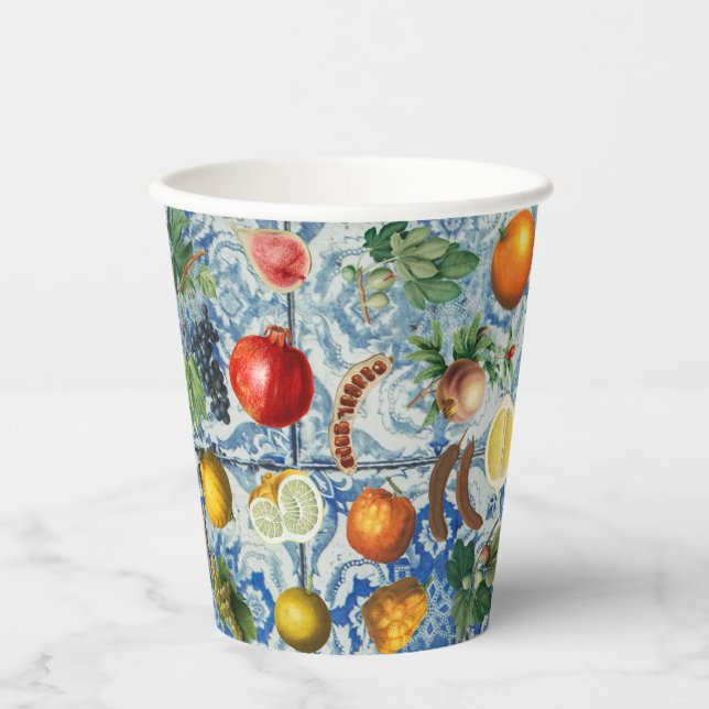 Mediterranean Summer Fruit & Blue White Mosaic  Paper Cups (Front)