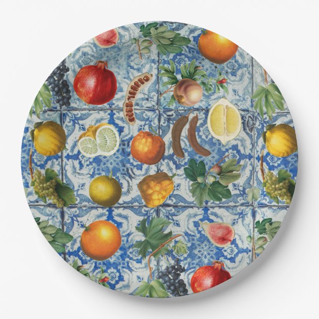 Mediterranean Summer Fruit & Blue White Mosaic Paper Plate (Front)