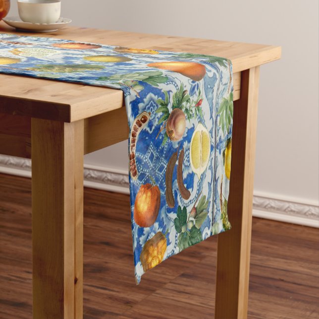 Mediterranean Summer Fruit & Blue White Mosaic Short Table Runner (In Situ)