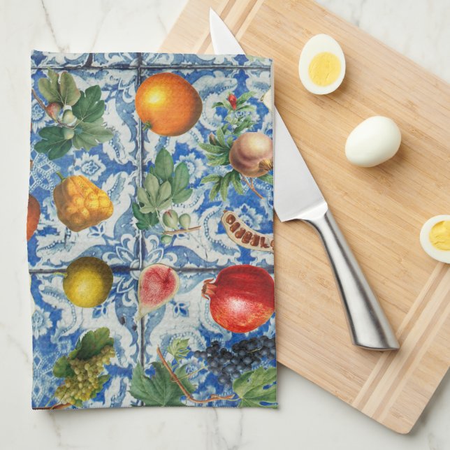 Mediterranean Summer Fruit & Blue White Mosaic Tea Towel (Quarter Fold)
