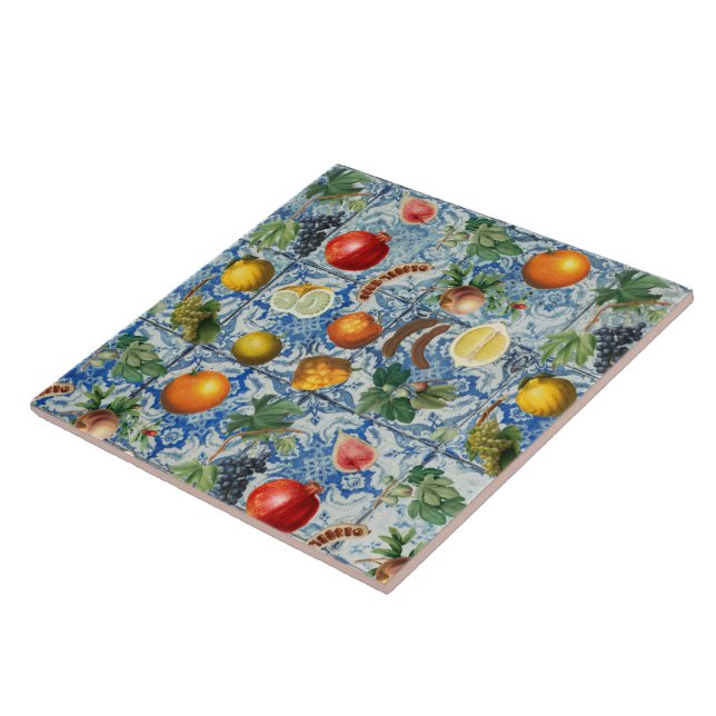 Mediterranean Summer Fruit & Blue White Mosaic   Tile (Side)