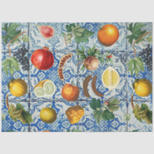 Mediterranean Summer Fruit & Blue White Mosaic Tissue Paper